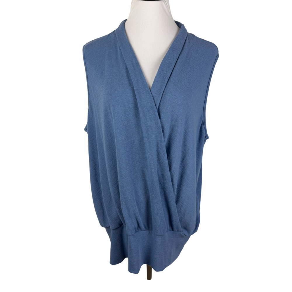 Ava James Women's 1X Blue Surplice Wrap Sleeveless Banded Hem Top
